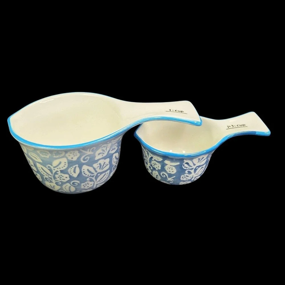 Sparrow and Wren Ceramic Measuring Cups Set 4 Blue Floral Leaf Kitchen Cooking